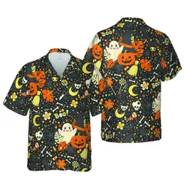Halloween Ghost Jack-o'-lantern Bat Tropical Pattern Fabric Print with Candy Bones Boo Stars Short-sleeve Hawaiian Shirt