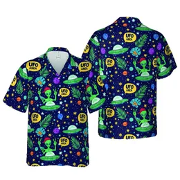 Hawaiian Space Alien Pattern: Green Aliens, Saucers, UFO AREA Text, Dark Navy Blue Short-sleeve Hawaiian Shirt