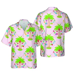 Cartoon Palm Tree Christmas Ornaments Hawaiian Tropical Leaf Pattern Pastel Pink Fabric Texture Short-sleeve Hawaiian Shirt