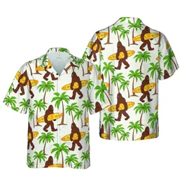 Brown Furry Bigfoot Surfer Hawaiian Scene: Green Palm Trees, Yellow Surfboard, Woven Short-sleeve Hawaiian Shirt