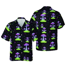Mushroom Lover's Iridescent Starscape Botanical Pattern Black Magenta Cyan Lavender Lime Green Short-sleeve Hawaiian Shirt
