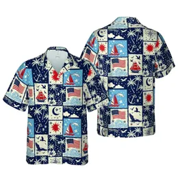Eagle Flag Sailboat Dolphin Plane Crescent Moon Patchwork Navy Red Off-White Layout Short-sleeve Hawaiian Shirt