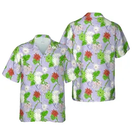 High Contrast Hawaiian Thistle Flower & Trailing Succulent Botanical Linen Weave Pattern Short-sleeve Hawaiian Shirt