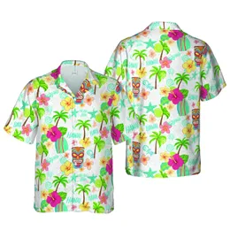 Hawaiian Tiki Mask Surfboard Palm Tree Hibiscus Plumeria Starfish Aloha Hawaii Pattern Short-sleeve Hawaiian Shirt