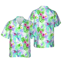 Hawaiian Turquoise Hummingbird, Magenta Hibiscus & Monstera Watercolor Pattern Short-sleeve Hawaiian Shirt
