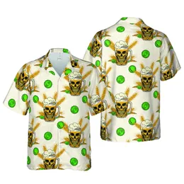 Hawaiian Skull Beer Mug & Can Pattern, Skull Hop Cones, Golden Wheat Bottle Caps Short-sleeve Hawaiian Shirt