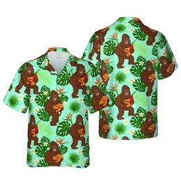 Edge-to-Edge Shaggy Bigfoot Pizza Hawaiian Monstera Palm Plumeria Aqua Design Short-sleeve Hawaiian Shirt