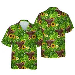 Hawaiian Highland Cattle, Yellow Sunflower, Botanical Lush Green Foliage Fabric Print Short-sleeve Hawaiian Shirt