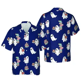 Scholarly Reading Ghosts: Hawaiian Pastel Books, Navy Texture, High Contrast Short-sleeve Hawaiian Shirt