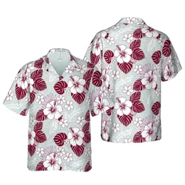 White Hibiscus Cranberry Palm Plumeria Anthurium Botanical Heathered Grey Pattern Short-sleeve Hawaiian Shirt