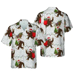 Bigfoot Hawaiian Christmas Sleigh Pattern, Santa Hat Trees Lights Candy Canes Sprinkles Short-sleeve Hawaiian Shirt