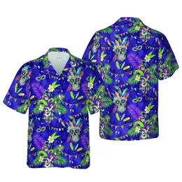 Mardi Gras Jester Sugar Skull Tropical Foliage Harlequin Pattern Purple Gold Short-sleeve Hawaiian Shirt