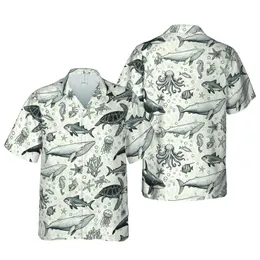 Hawaiian Marine Life: Orca, Dolphin, Turtle, Whale, Hammerhead, Coral, Seashells Black White Cream Short-sleeve Hawaiian Shirt