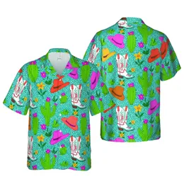 Hawaiian Cowboy Boots Cactus Design: Teal Blue Desert Floral with White X Texture Short-sleeve Hawaiian Shirt