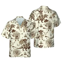 Sepia Tone Raccoon Cowboy Hawaiian Pattern: T-Rex Pistols Skulls Western Design Short-sleeve Hawaiian Shirt