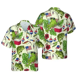 Frog with Sunglasses, American Flag, Fishing Lures & Bass Fish Tropical Hawaiian Pattern Short-sleeve Hawaiian Shirt
