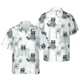 Black White Line Art Raccoons Surf Beach Chair Lei Crown Island Motif Short-sleeve Hawaiian Shirt