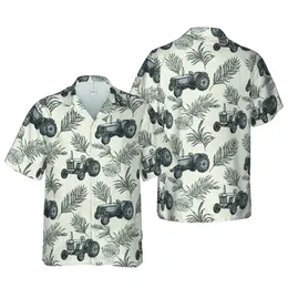 High Contrast Seamless Hawaiian Farm Tractors Black Ink Sketch Wheat Botanical Cream Mosaic Short-sleeve Hawaiian Shirt
