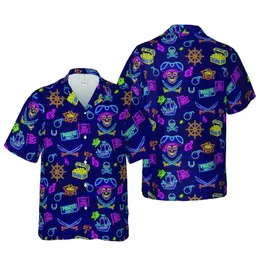 Pirates Party Neon Skull Ship Flags Treasure Sabers Tropical Urban Night Design Short-sleeve Hawaiian Shirt