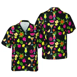 Hawaiian Cocktail Fruit Botanical Black Mosaic Fabric Design Short-sleeve Hawaiian Shirt