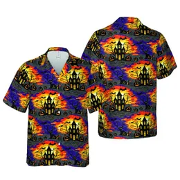 Halloween Spooky Hawaiian Haunted Houses Black Cats Jack-o'-Lanterns Bats Fabric Print Short-sleeve Hawaiian Shirt