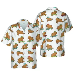 Capybara Skateboard Pattern: Blue Helmets, Brown Fur, Red Deck, Off-White Fabric Style Short-sleeve Hawaiian Shirt
