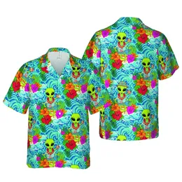 Lime Green Alien Surfers Hawaiian Wave Hibiscus Botanical Sublimation Design Short-sleeve Hawaiian Shirt