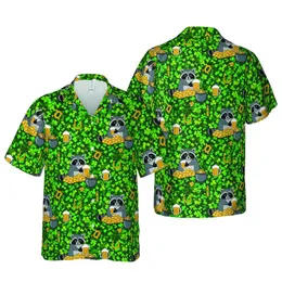 Cartoon Raccoon Hawaiian Print with Beer Steins, Gold Coins & Shamrock Mosaic Design Short-sleeve Hawaiian Shirt