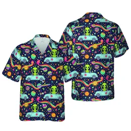 Hawaiian Alien Car Scene: Peace Sign Aliens, Rainbow Roads, Starry Blue Botanical Short-sleeve Hawaiian Shirt