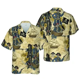 Hawaiian Pirate Skeletons Treasure Map Galleons Jolly Roger Flags Pattern Short-sleeve Hawaiian Shirt