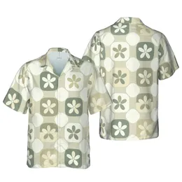 Tropical Textile Distressed Square Grid Five-Petal Flower Beige Tones Surface Short-sleeve Hawaiian Shirt