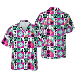 Cat Lover Coffee Fan: Black Cat Coffee Palm Tree Geometric Patchwork Tropical Textile Print Short-sleeve Hawaiian Shirt