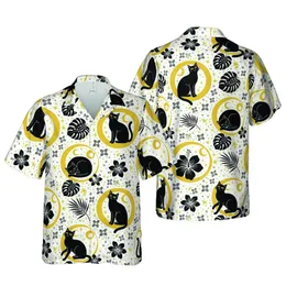Black Cat Lover Hawaiian Pattern: Cat Silhouettes, Golden Moons & Starfield Mosaic Short-sleeve Hawaiian Shirt