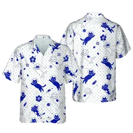 Cat Lover Astronaut Helmet Cats, Planets, Spaceships, Star Plus Sign White Navy Short-sleeve Hawaiian Shirt