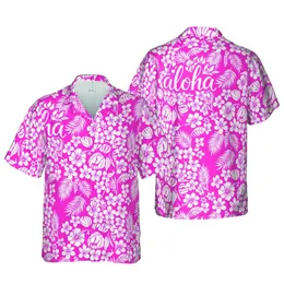 Aloha Flowing White Script Hot Pink Solid Background High Contrast Hawaiian Botanical Pattern Short-sleeve Hawaiian Shirt