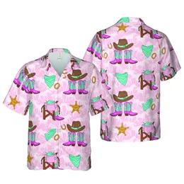 Tropical Western: Seamless Pink Boots, Brown Hats, Turquoise Bandanas, Saddle Fabric Print Short-sleeve Hawaiian Shirt