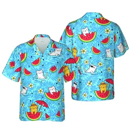 Cat Lover's Hawaiian Cats Watermelon Sunglasses Hats Parasols Sky Blue Design Short-sleeve Hawaiian Shirt