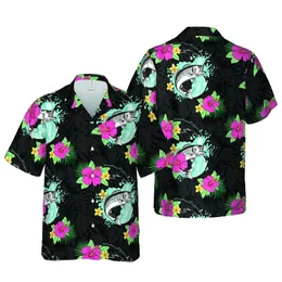 Angler's Hawaiian Bass Fish Jumps, Pink Hibiscus, Teal Palm Frond Scene Short-sleeve Hawaiian Shirt