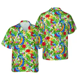 Hawaiian Macaw Parrot Hibiscus Plumeria Monstera Leaf White Canvas Design Short-sleeve Hawaiian Shirt
