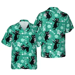 Black Cat Hawaiian Pattern: Mugs, Knives, Pistols, Yarn, Fish Bones, Teal Accents Short-sleeve Hawaiian Shirt