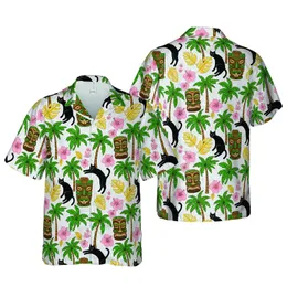 Cat Lover Hawaiian Black Cat Tiki Palm Hibiscus White Mosaic Sublimation Design Short-sleeve Hawaiian Shirt