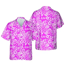 Aloha Flowing White Script Hot Pink Solid Background High Contrast Hawaiian Botanical Pattern Short-sleeve Hawaiian Shirt