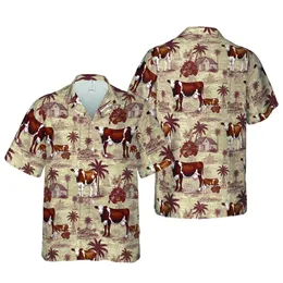 Brown White Cow Calf Hawaiian Tropical Farm Landscape Sepia Etchings Short-sleeve Hawaiian Shirt