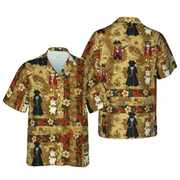 Anthropomorphic Pirate Felines Aged Treasure Map: Diverse Cats Nautical Compass Anchors Short-sleeve Hawaiian Shirt