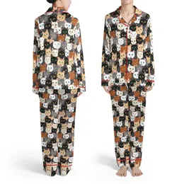 Cat Lovers' Whimsical Seamless Diverse Cat Faces Pattern Deep Charcoal Grey White Black Ginger Felines Satin Pajamas Set