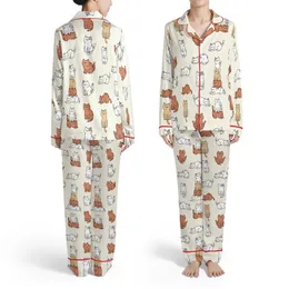 Cat Lovers' Whimsical Sweet Cartoon Cats Playful Scattered Repeating Cream Pattern Satin Pajamas Set