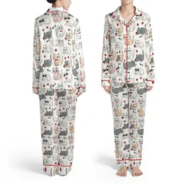 Cat Lovers' Whimsical Flat Cartoon Cats Seamless Pattern with Red Bow Ties, Pink Sunglasses, Yarn Balls, Off-White, Pink, Grey Hues Satin Pajamas Set