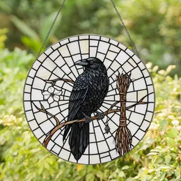Mystical Art Admirers' Stained Glass Black Crow Witchy Broom Yellow Cream Mosaic Stained Glass Suncatcher