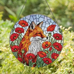 Art Lovers' Majestic Stained Glass Fox Poppy Floral Mosaic Jewel Tones Stained Glass Suncatcher