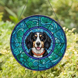 Dog Lovers' Vivid Tiffany Stained Glass Floppy Ear Dog Portrait Royal Blue Frame Swirling Blue-Green Mosaic Stained Glass Suncatcher